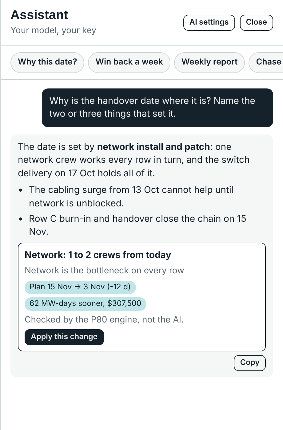 The P80 assistant explaining that network install sets the date, with a suggested change checked by the engine: 12 days earlier